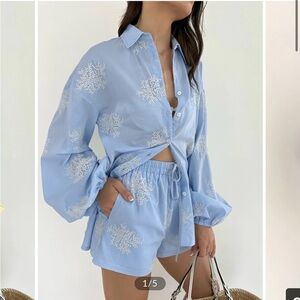 Commense Semi-Sheer Plant Embroidery Casual Shorts Set